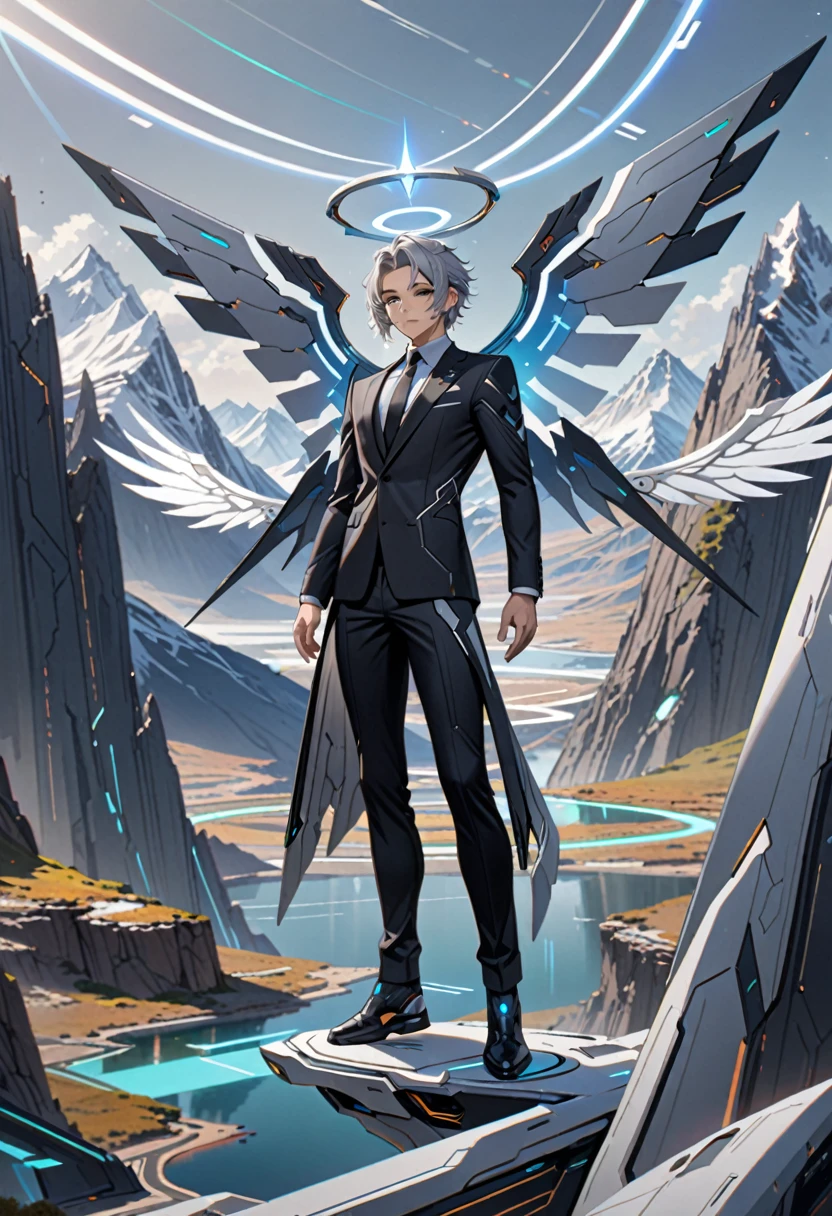 masterpiece, highest quality, highest resolution, clear_image, detailed details, gray hair, 1 boy, futuristic wings, futuristic halo, black suit, full body, no water marks, mountain, no extra limps, no extra body