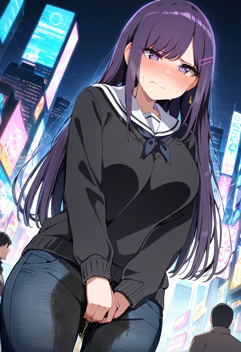 (masterpiece:1.37), best quality, (extremely detailed:1.37), (1girl:1.5), woman, (mature:1.5), (adult:1.5), large breasts, very long hair, (straight hair:1.5), (very dark purple hair:1.5), purple eyes, (extremely detailed eyes:1.37), hoodie, jeans, desperation, (wetting self:1.5), standing, embarrassed, humiliation, blushing, angry, city, futuristic, neon lighting, high-tech, street, skyscraper