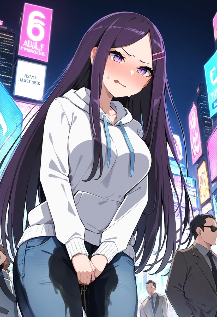 (masterpiece:1.37), best quality, (extremely detailed:1.37), (1girl:1.5), woman, (mature:1.5), (adult:1.5), large breasts, very long hair, (straight hair:1.5), (very dark purple hair:1.5), purple eyes, (extremely detailed eyes:1.37), hoodie, jeans, desperation, (wetting self:1.5), standing, embarrassed, humiliation, blushing, angry, city, futuristic, neon lighting, high-tech, street, skyscraper