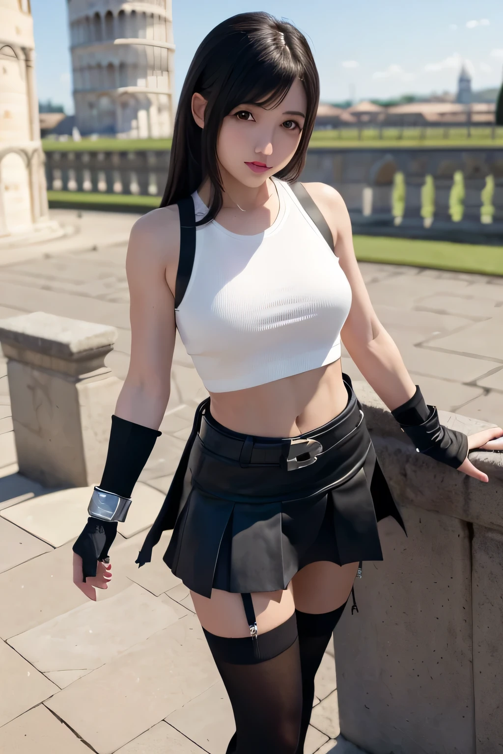 masterpiece, Highest quality, 7r Tifa, Crop top, Arm guard, Fingerless gloves, suspenders, Pleated mini skirt, Black knee socks, Upper Body, Are standing, (Tower of Pisa) In the background, View your viewers, smile