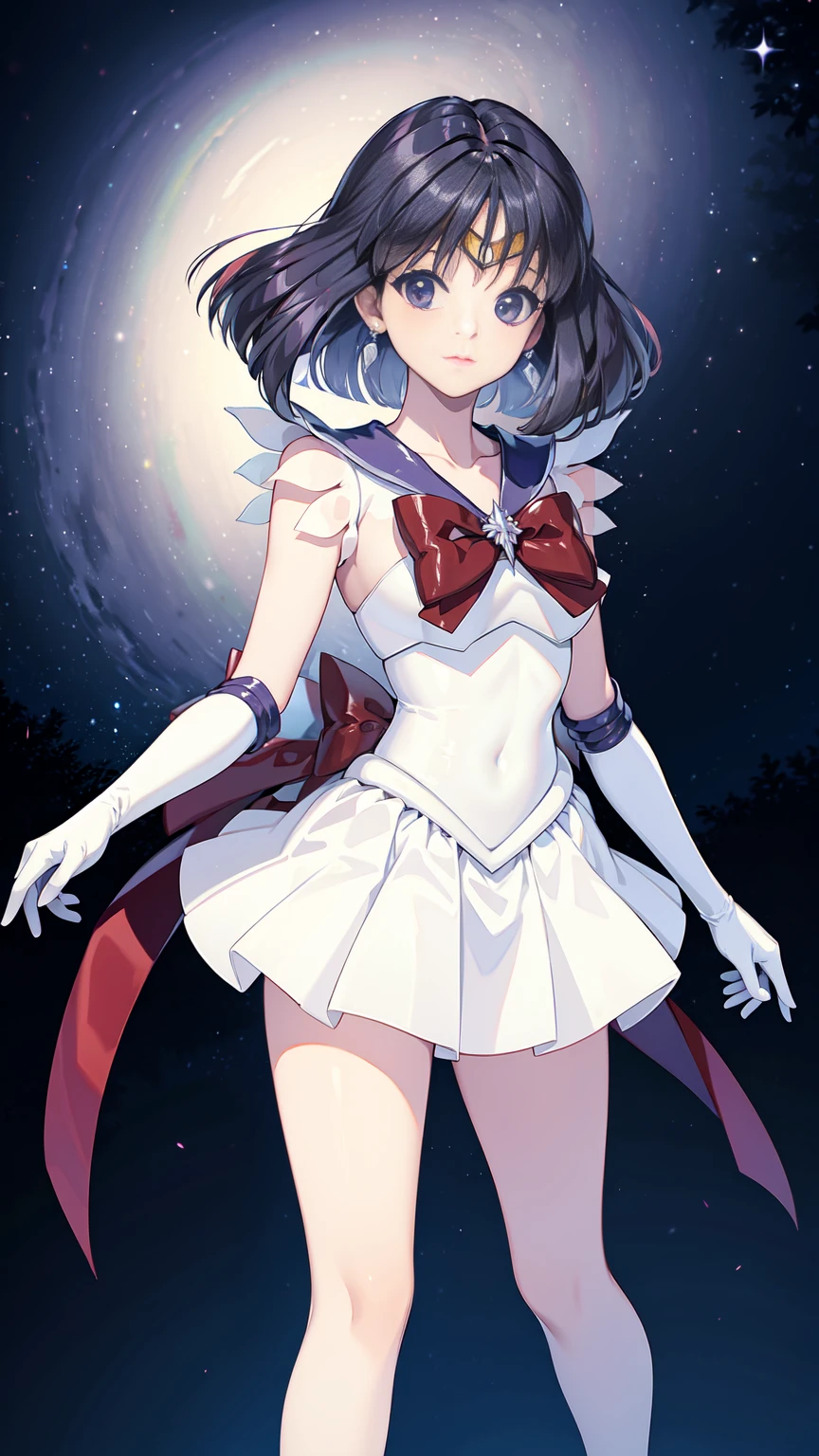 Sailor Saturn, 1 girl, Bblack hair, shorth hair, purples eyes, detailedeyes, simple background, female focus, standing alone, standing, Tomoe Hotaru, portraite, whole body, (work of art:1.0), (best qualityer:1.0) , (8 k wallpaper:1.0), (detailed gorgeous face:1.0), (detailed deep eyes), deep eyes, gazing at viewer, Sailor Scout, lilac bow on the chest, lilac skirt, whitegloves,,