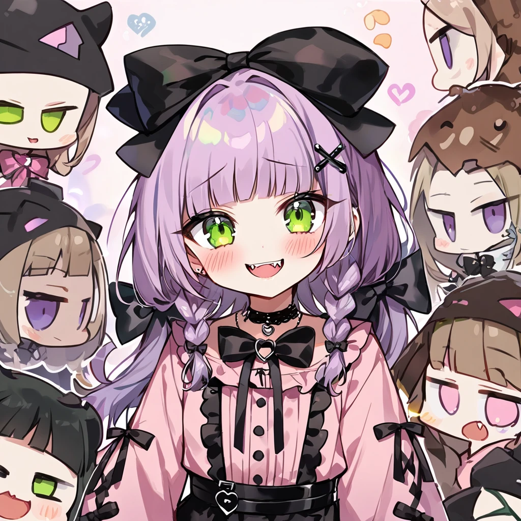 Top quality, masterpiece, chibi character, peal purple and blunt bangs hair, twin braids, green eyes, mouth wide open and screaming, blushing, smilng,fangs,(a girl with closs hair pin,
pink shirt,cosplay, jirai kei, bangs, black skirt, black bow, looking at viewer, bow, long sleeves, choker, ribbon,portrait shot :1.4),The wicked smile, the downcast gaze,