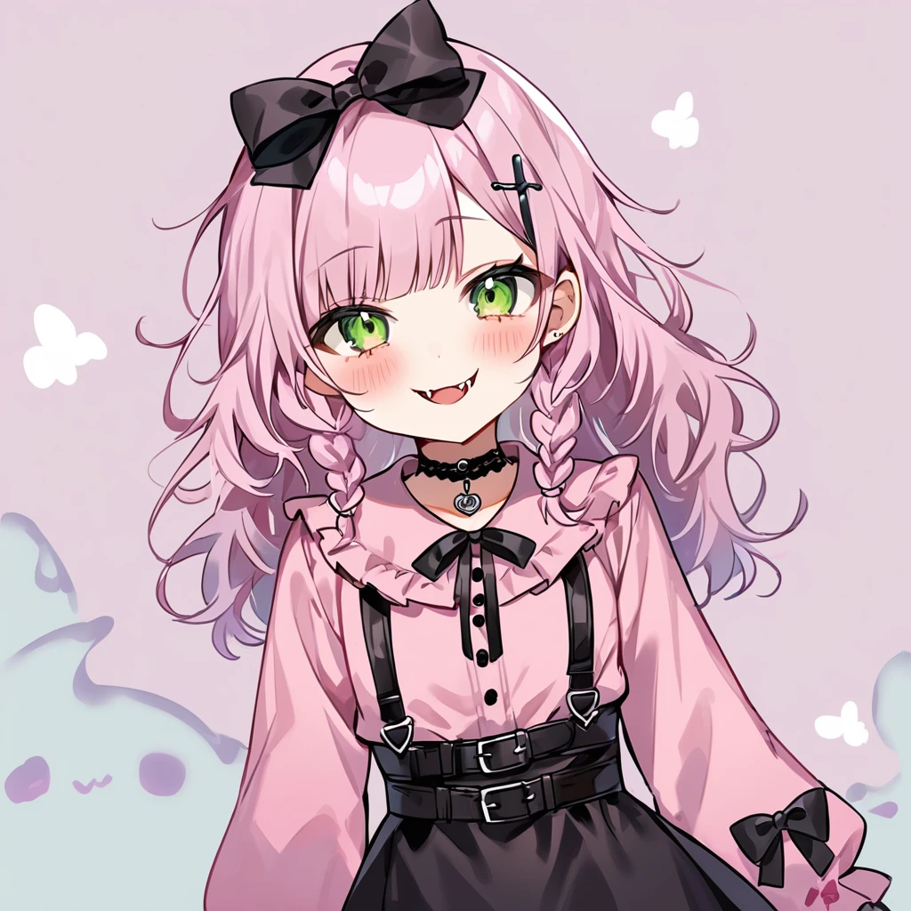 Top quality, masterpiece, chibi character, peal purple and blunt bangs hair, twin braids, green eyes, mouth wide open and screaming, blushing, smilng,fangs,(a girl with closs hair pin,
pink shirt,cosplay, jirai kei, bangs, black skirt, black bow, looking at viewer, bow, long sleeves, choker, ribbon,portrait shot :1.4),The wicked smile, the downcast gaze,