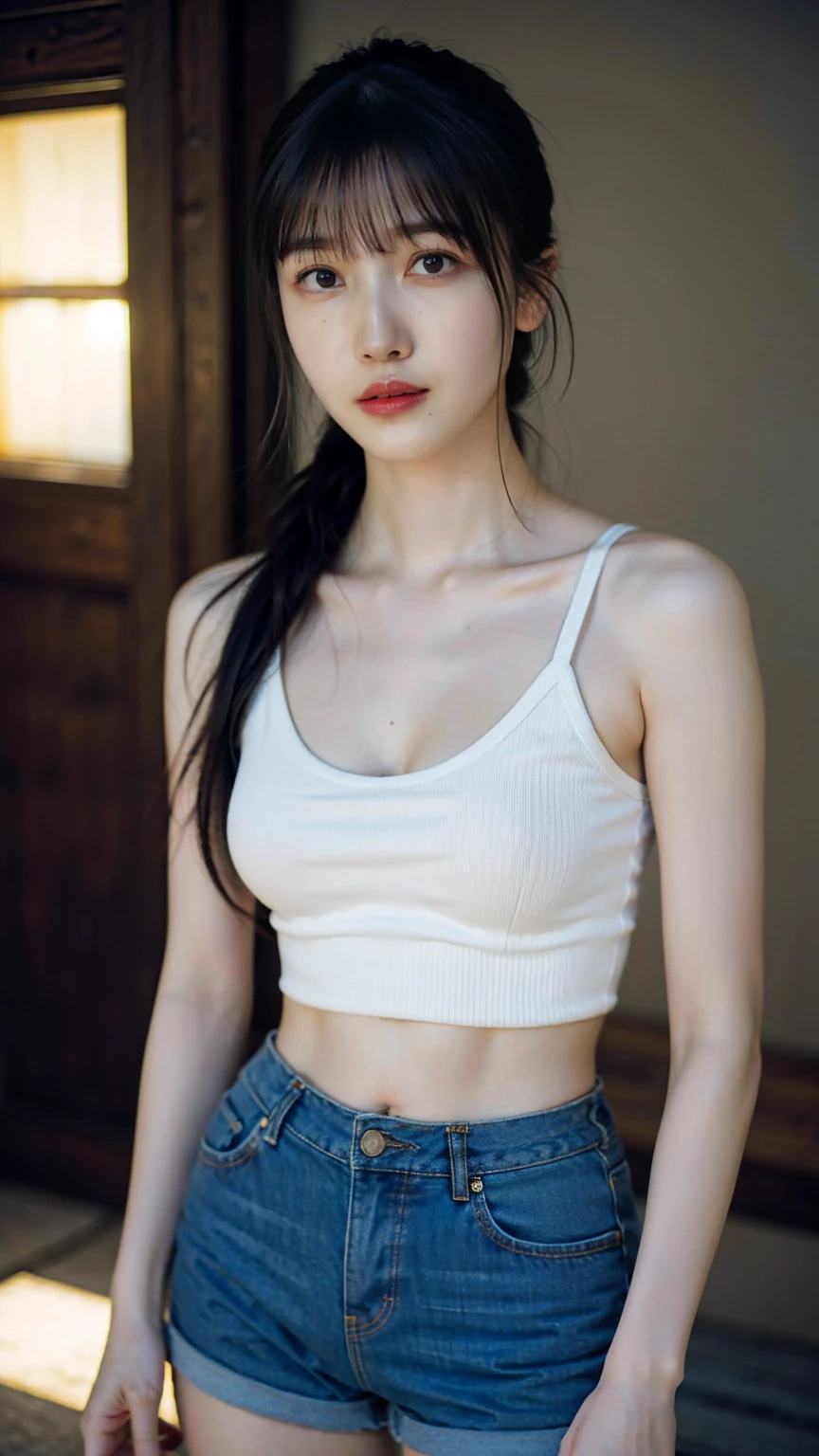 ((1girl)), woman, masterpiece, best quality, highest quality, cinematic lighting, (volumetric lighting), extremely detailed CG unity 8k wallpaper, focused, 8k wallpaper, extremely detailed, ultra realistic, photorealistic, sharp focus, absurdres, (HDR:1.2), (high contrast), photograph, detailed and intricate, instagram, portrait, highly detailed, digital painting, artstation, concept art, smooth, sharp focus, illustration, cinematic lighting, (big breast:1.2), (((skinny, super slim legs))), (japanese idol posture), (knit strap tanktop, short pants, cleavage), looking at the viewer, (I don't see arms)), ((Standing)), ((Medium body shot, hip level shot))