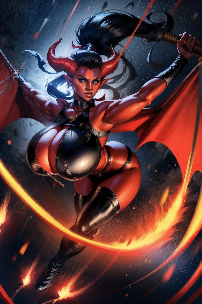 View from above, Red skin succubus tiefling, large breasts, black horns, wings, huge tail, black leather, crop top, long flowing pelvic curtain, tall, athletic, graceful, thin, long black ponytail. Action scene, whip. Dark scene, explosions, night sky.