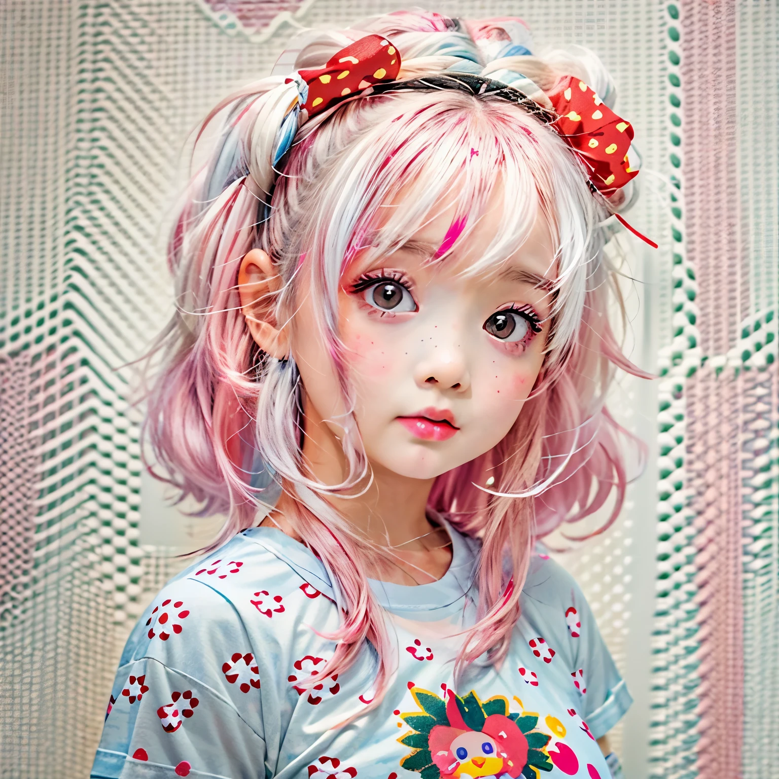 White and Bright Red, (Masterpiece 8K TopQuality:1.2) (ProfessionalPhoto:1.37) ExtremelyDetailed ((((KAWAII girl Printed on a T-shirt:1.4)))