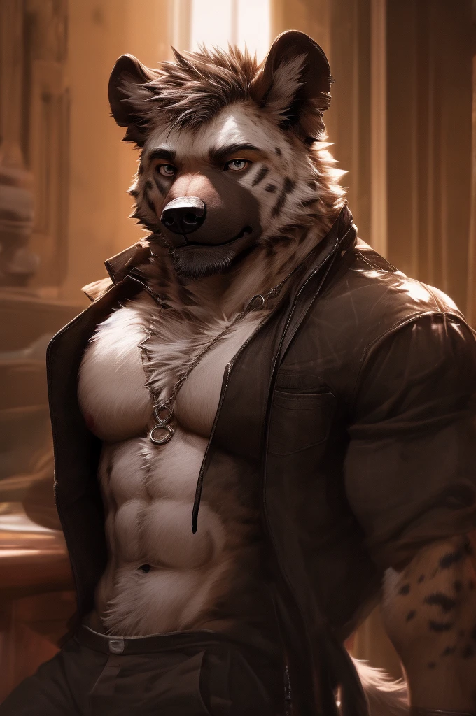 male, hyena (furry body,) skinny body, high quality, realistic, furry, masterpiece, covered semen, (full nude, only black jacket, white jock strap, cum huge semen,)  young,