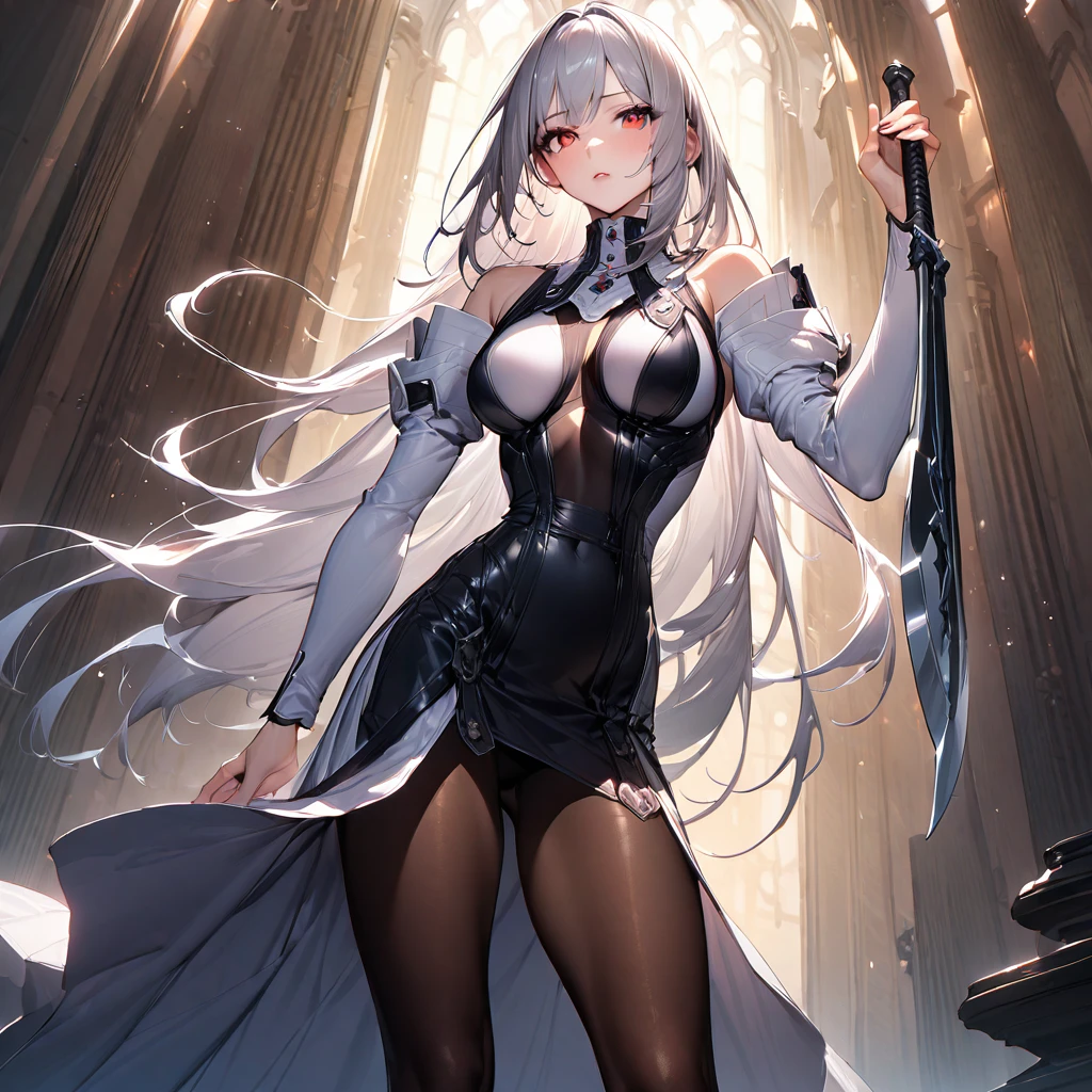 (masterpiece), (Highest quality), (Very detailed), (Best illustrations), (so beautiful), Beautiful Eyes, Perfect Face, Perfect hands, Perfect Fingers, hanging breasts, so beautiful長い脚, Silver Hair, Red eyes, Long Hair, pantyhose, Long skirt, Have a weapon, glaive, shoulder