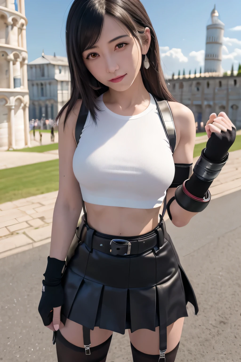 masterpiece, Highest quality, 7r Tifa, Crop top, Arm guard, Fingerless gloves, suspenders, Pleated mini skirt, Black knee socks, Upper Body, Are standing, (Tower of Pisa) In the background, View your viewers, smile