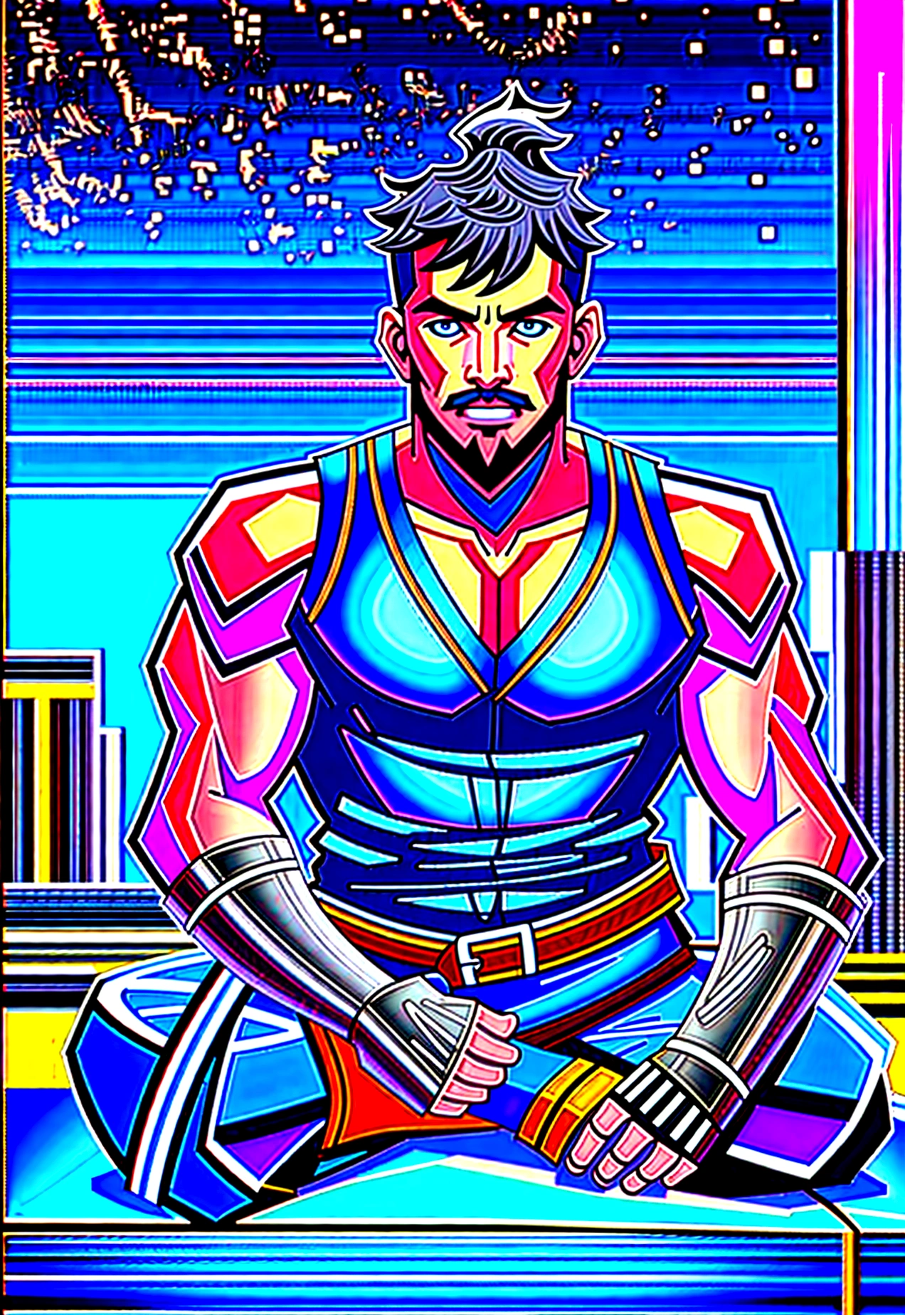 30 years old, male, ponytail, full beard, dark brown hair, sitting on top of a building, smile on face, open vest, blue clothes, bare hairy chest, neoprene pants, neon details, worked body, cyberpunk city background, starry sky, night, (Best Quality, 4k, 8k, high resolution, Masterpiece: 1.2), ultra detailed, Male portrait, very detailed face, detailed facial features, muscular build, spectacular lighting