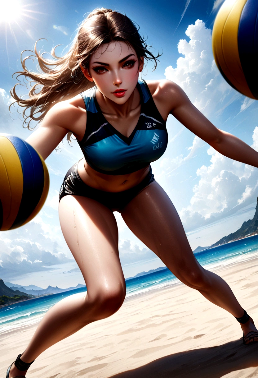 (best quality, On the table),Ultra-fine photography,1 Girl, Female beach volleyball player, Play volleyball on the beach,Fine hair,Detailed clothes,Detailed and realistic skin,Cool,Dynamic Angle,