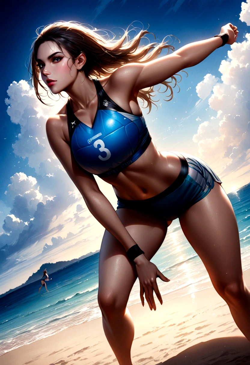(best quality, On the table),Ultra-fine photography,1 Girl, Female beach volleyball player, Play volleyball on the beach,Fine hair,Detailed clothes,Detailed and realistic skin,Cool,Dynamic Angle,