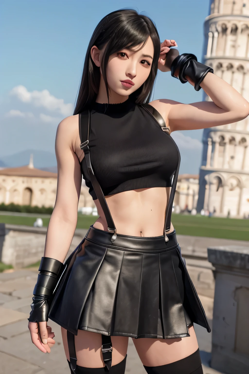 masterpiece, Highest quality, 7r Tifa, Crop top, Arm guard, Fingerless gloves, suspenders, Pleated mini skirt, Black knee socks, Upper Body, Are standing, (Tower of Pisa) In the background, View your viewers, smile