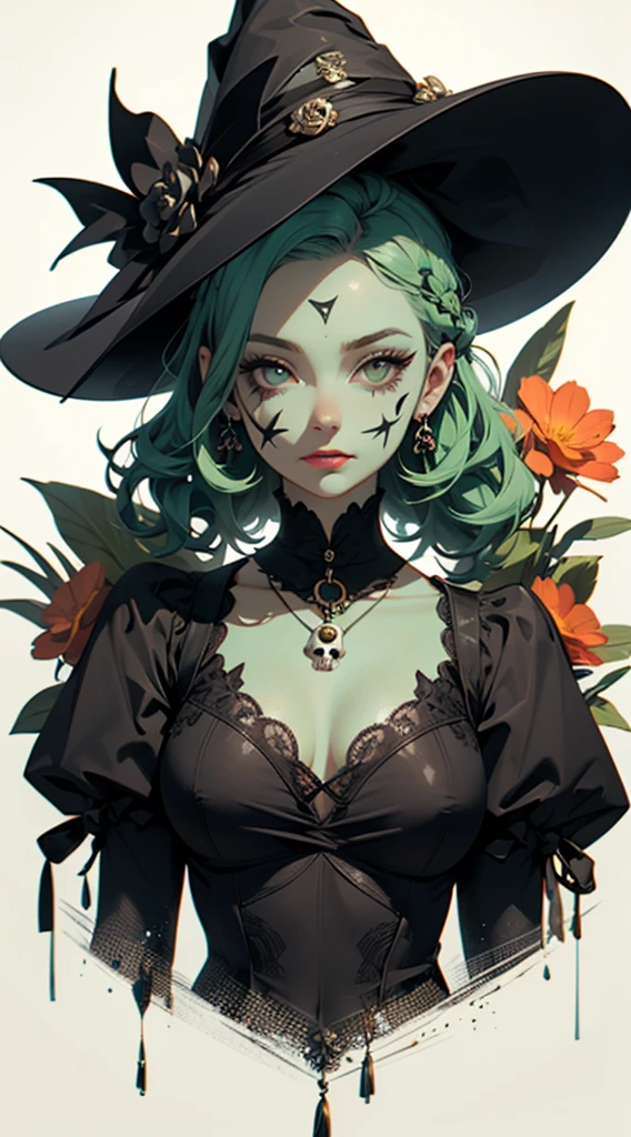 Woman in elegant Victorian dress, flowers on her head, orange flowers in the background, a skull painted on her face, skull necklace, round black eye makeup, large flowers drawn on her forehead, green skin, witch, witch’s hat,