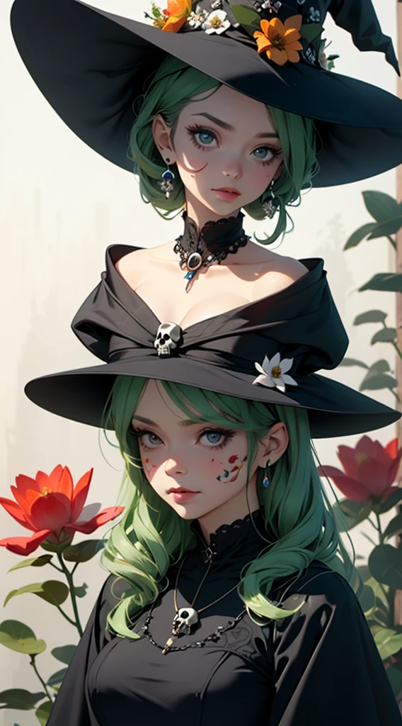 Woman in elegant Victorian dress, flowers on her head, orange flowers in the background, a skull painted on her face, skull necklace, round black eye makeup, large flowers drawn on her forehead, green skin, witch, witch’s hat,