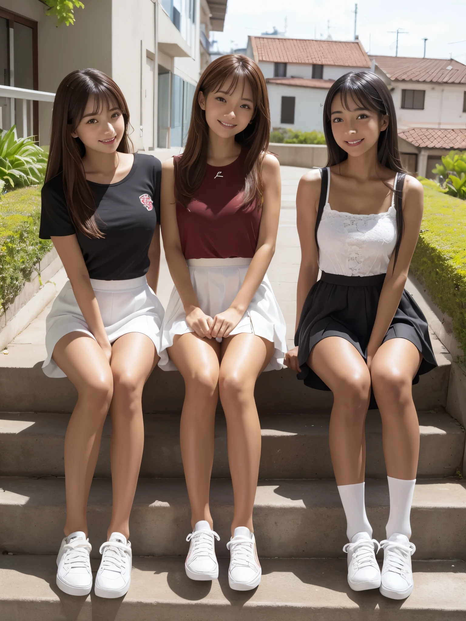 Three happy girls were sitting on the stone steps, Take a full body photo、Have fun and laugh、She was wearing a white blouse, バンズ sneakers, Red checked skirt、白いsneakers, Black Hair, detached houses, Flowers,Happy girl with round face, Big eyes, Long eyelashes, Full-body display、Detailed Private Parts、Hairless、Detailed female genitalia、Spread your legs、真From below、I see your white pants、Highest quality, Ultra-high resolution, (Realistic: )2D official style cel animation,((Like Hayate!Three girls sitting in a row。))mini skirt,summer shirt,(Lace panties),loose socks,sneakers,Full body portrait,(From below),Station stairs,sunny,Troubled face,Spread your legs