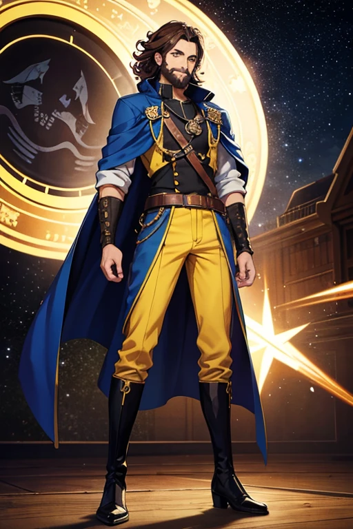 Anime Art、Full body portrait、Male pirates in space science fiction、Tavern、A dark-skinned man, around 35 years old, standing upright, around 180cm tall, wearing a yellow pirate uniform and black trousers、A strong smile、Her hair is curly and reaches down to her shoulders.、Brown Hair、Dark Eyes、boots、Blue Cape、Short beard