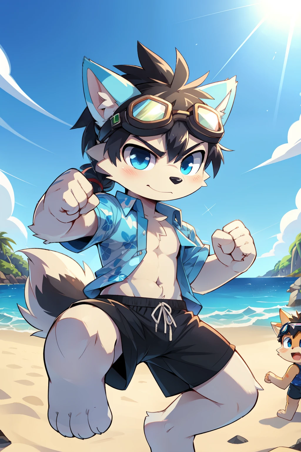 score_9,score_8_up,score_7_up, source_cartoon, source_furry, furry shota, wolf, black hair, long spiky ponytail, blue eyes, detailed body fur, ((goggles, blue hawaiian shirt, open clothes, black swim trunks)), detailed body fur, detailed face, detailed eyes, glistering body, shiny body, gorgeous body, beach, clear sky, full body, feets with three toes, 3 toes, :3, ((fight, fist, punch, punch on viewer, punch focus, jump)), sassy face,