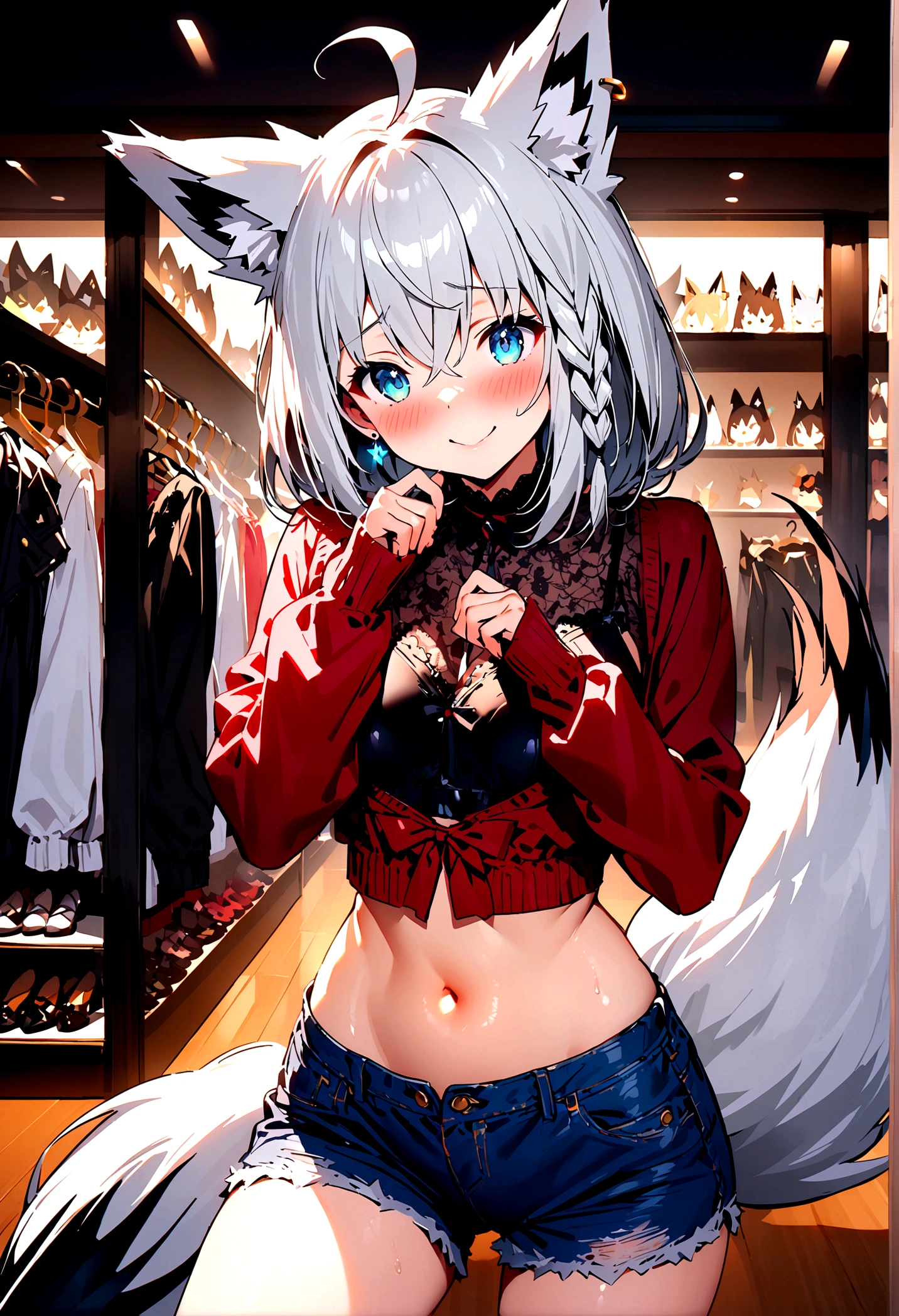 NSFW,masterpiece,Highest quality,High resolution,Super detailed,Shirakami Fubuki\(Hololive\),Gray Hair、One-sided braid、Ahoge、Earrings,Fox ears,Fox tail,Jacket,Crop top shirt,Low-rise denim shorts,Embarrassed,blush,Expecting face,Bewitching Smile,Sexy smile,(Lingerie Shop),(Underwear section),High-end store,Cute pose,Date,(Seduce)