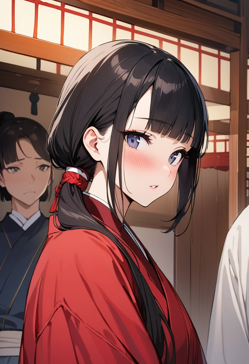 ((masterpiece,Highest quality:1.3,best quality illustration)), 独奏,1woman,(Mature Japan beauties)、black hair,(low ponytail hair style),long hair,blunt bangs,black eyes,gorgeous eyes,((very small head:1.3)),blush,Winner&#39;s Smile,((very long body:1.2)),medium breasts,(tan skin), (gleaming skin,toned body,slender body, skinny),(Female Ninja Costume、A simple, patternless black kimono、Black mini skirt with slits、sweat),standing,rooftop、High-rise buildingoonlit Night、Modern Tokyo、