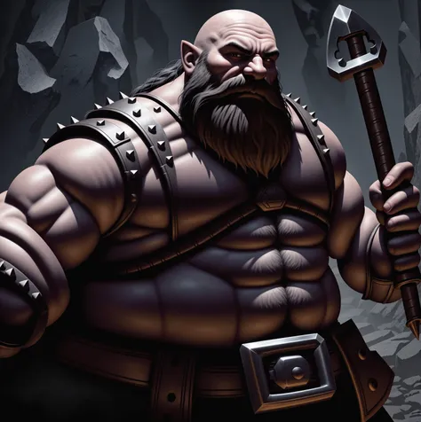 a very strong fantasy dwarf, sooty skin, long and thick beard and mustache, bald, very stout, steely eyes, ugly face, very muscu...