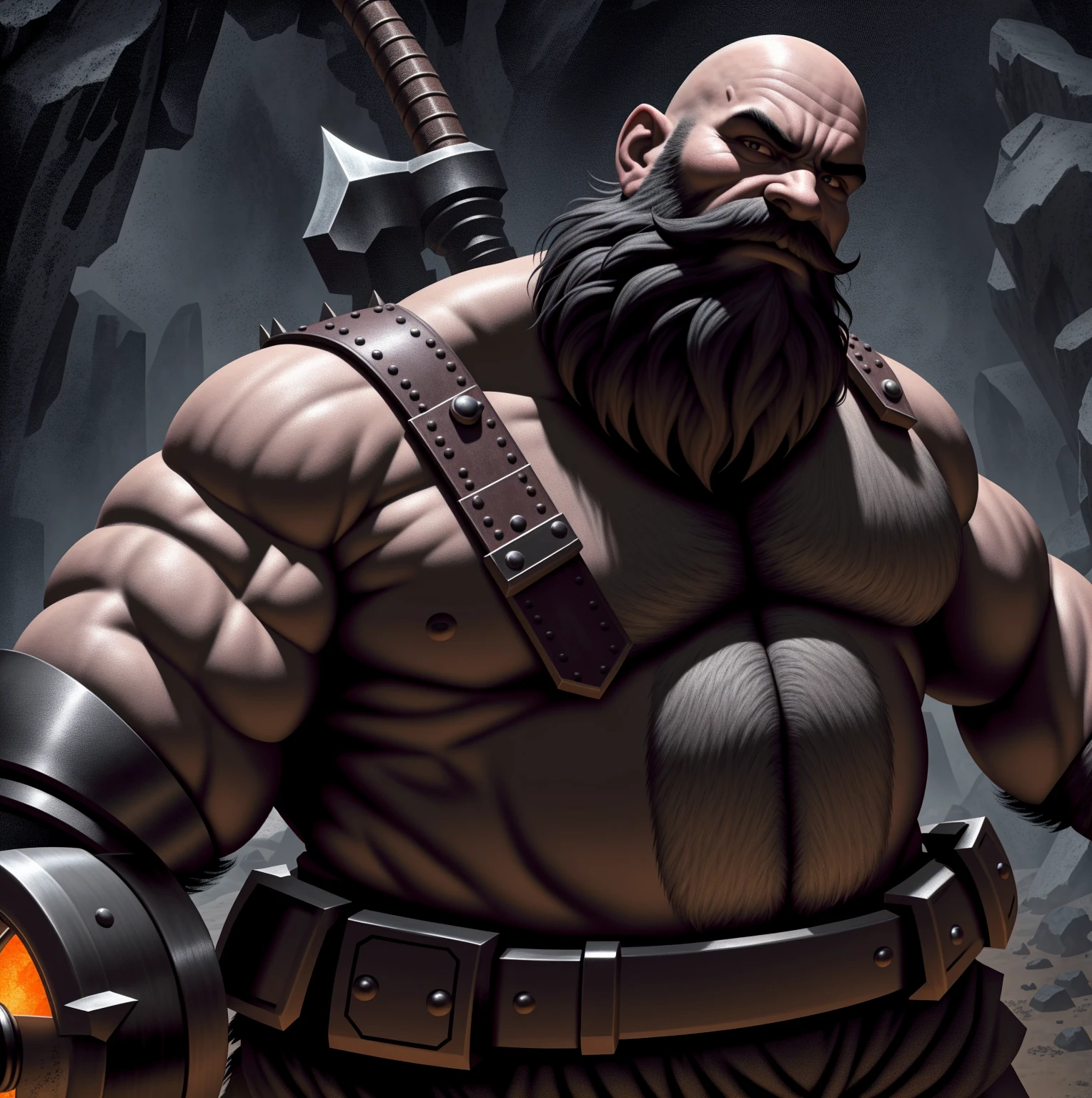 a very strong fantasy dwarf, sooty skin, long and thick beard and mustache, bald, very stout, steely eyes, ugly face, very muscular, wearing sleeveless leather armor, armor spikes, gruff expression, holding a large maul hammer, wearing a tool belt, in a dark cave illuminated by a lantern, piercing gaze,