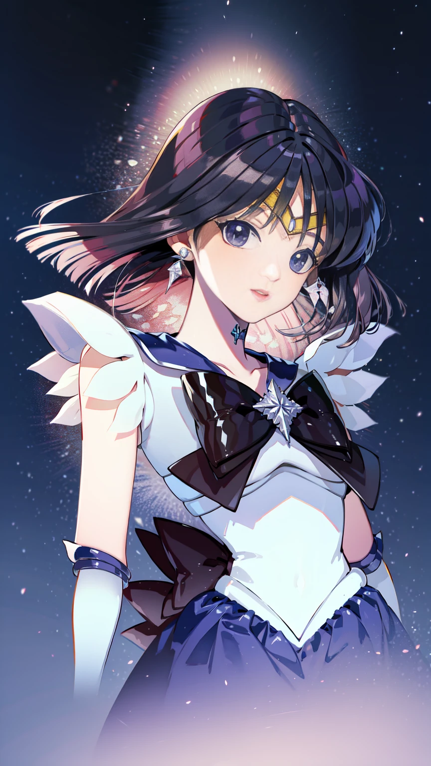 Sailor Saturn, 1 girl, Bblack hair, shorth hair, purples eyes, detailedeyes, simple background, female focus, standing alone, standing, Tomoe Hotaru, portraite, whole body, (work of art:1.0), (best qualityer:1.0) , (8 k wallpaper:1.0), (detailed gorgeous face:1.0), (detailed deep eyes), deep eyes, gazing at viewer, Sailor Scout, lilac bow on the chest, lilac skirt, whitegloves,,