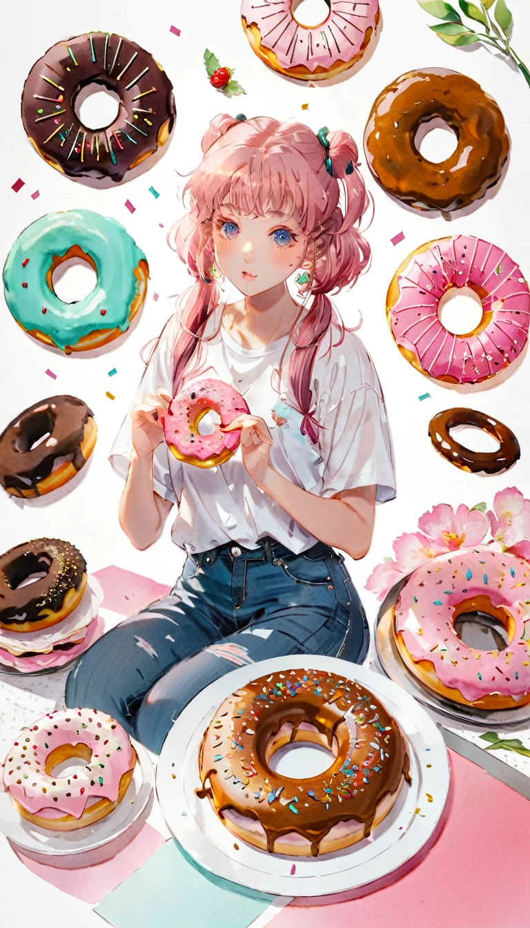 (((How to cut paper))), 1 Girl, Pink medium hair, Curry Hair, Twin tails, donut, shirt, denim