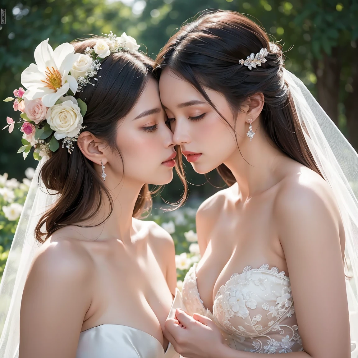 (masterpiece, highest quality, official art, beauty and aesthetic), perfect anatomy, two stunning bride is deeply in love with each other, kiss, flower