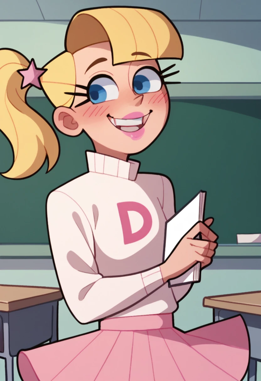 score_9, score_8_up, score_7_up solo, 1girl, vstar, big , blonde hair ponytail, blue eyes, pink lips, pink skirt, white turtleneck, classroom, blushing, smiling