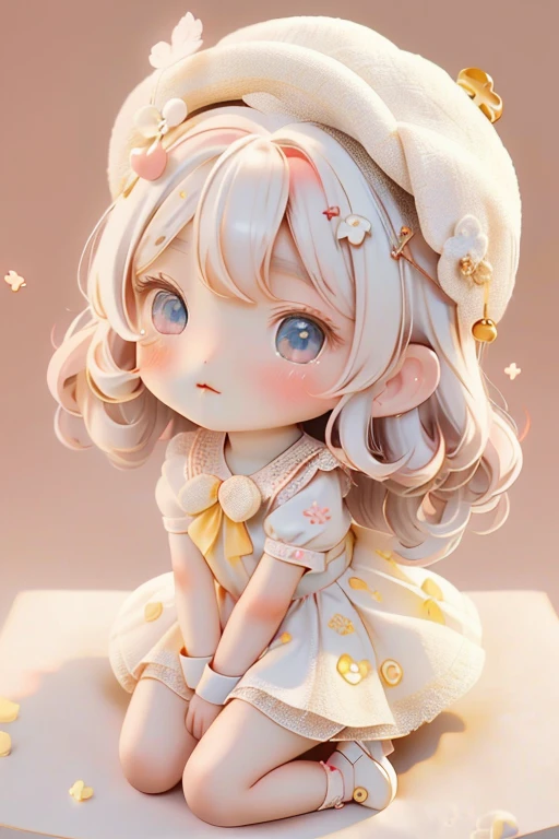 Girl Chibi, , Medium pastel red white, Luxury Fabric, Dithering, Widespread,Viewer Lucky Blue White,In a cellar color dress、、There are no protrusions on the head、There are no protrusions on the head、hat,high quality、high resolution、Ultra delicate、Cute big eyes beautiful cute