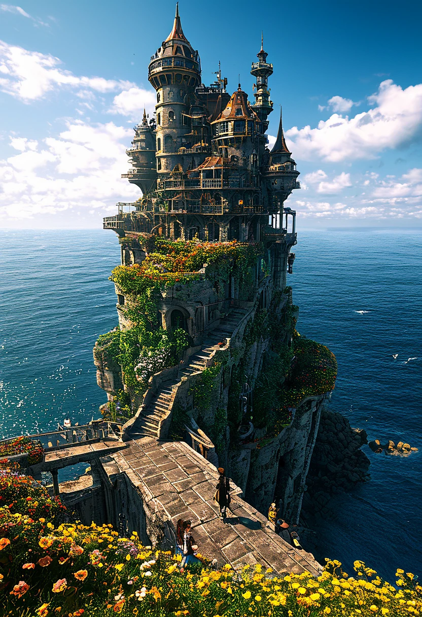 Open-air building on the cliff,Overlooking the sea,People walking on the sidewalk, Flower Tower, Abandoned Sky Castle, Amazing wallpapers, Huge and majestic steampunk tower, Fantastic Architecture, Fantasy Architecture, High quality desktop wallpaper, Built around the ocean, 4k hd wallpapers very detailed, 4k solarpunk wallpaper, Incredibly high detail