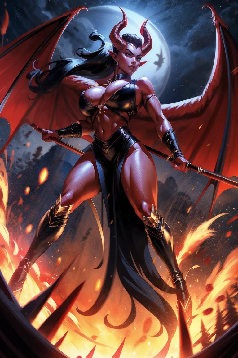 View from above, Red skin succubus tiefling, medium , cleavag horns, wings, huge tail, black leather, crop top, long flowing pelvic curtain, tall, athletic, graceful, thin, long black ponytail. Action scene, whip. Dark scene, explosions, night sky.