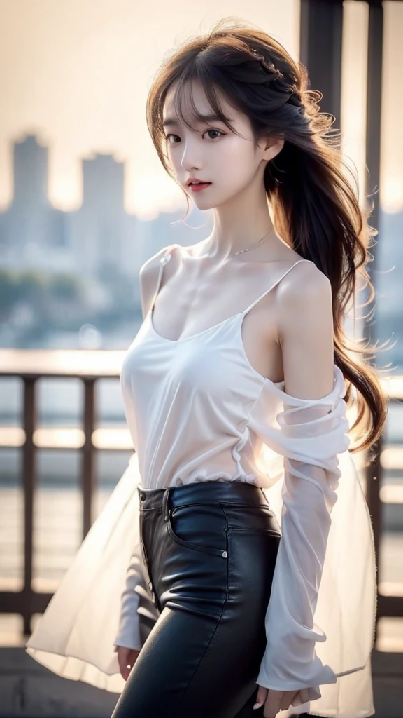 {{{ultra detail}}}, {{{realistic}}}, {{{depth of field}}}, whole body, from the side, head tilt, incredibly detailed, longuette, 1 woman, 30 years old, very long hair, Curly hair, high ponytail, light brown hair, beautiful and delicate hair, perfect face, Delicate arms and hands, slim legs, White skin, piercing, oversized clothes, big top sleeves, black pants, open clothes, cityscape, delicate background, blurred background, very delicate and beautiful, {{{wallpaper 8k CG}}}, {{{best quality}}}, {{{the greatest masterpiece}}},