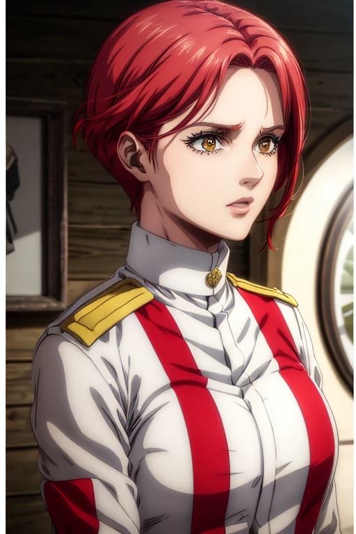 35 year old woman, channel red hair, gold eyes, neutral expression, White military uniform, liberia, Marley