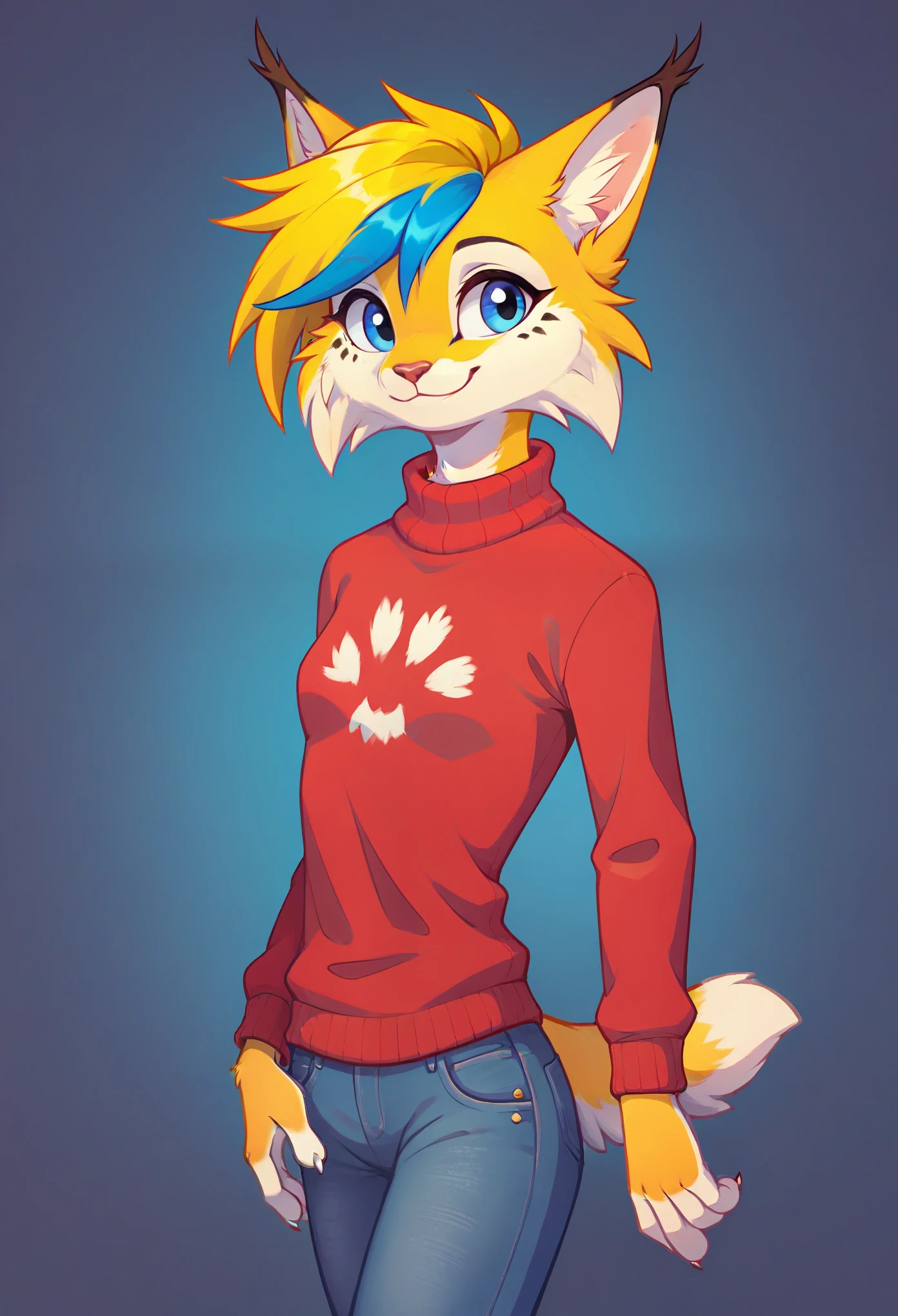 1girl, solo, digital_media_(artwork) hi_res, score_9, score_8_up, score_7_up, rating_safe, beautiful, anthro, furry, female, furry female, detailed textured fur, fur tufts, lynx, slim, slender, small breasts, cute, sweater, denim jeans, multicolor hair, streaked hair, red blue blonde silver hair, blonde fur, beautiful blue eyes, smile, solo, SFW, muse_style,