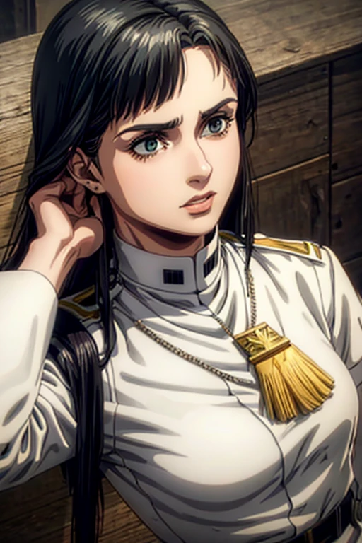 35 year old woman, long black hair, greeneyes, neutral expression, necklace on the neck, White military uniform, marley, liberio,