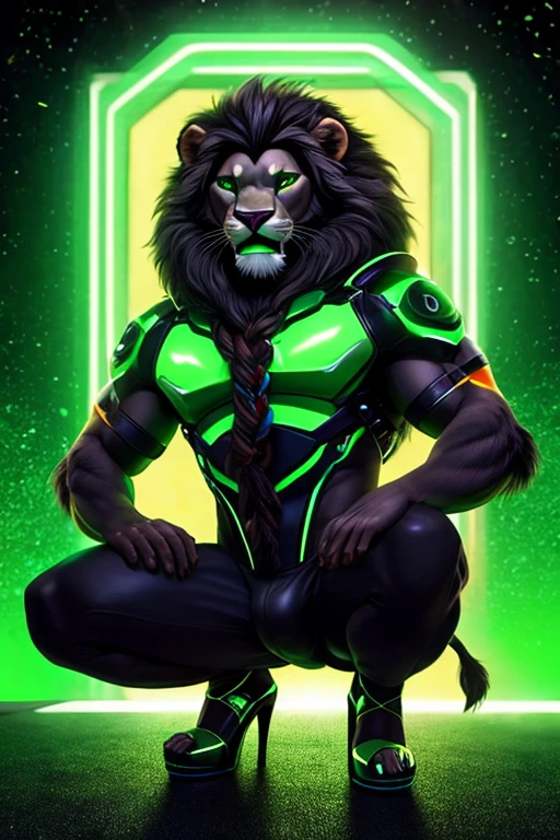 Male lion with green eyes and dark hair with 2 braids in the wind wearing high heels, crouching showing green tongue. On a futuristic neon background