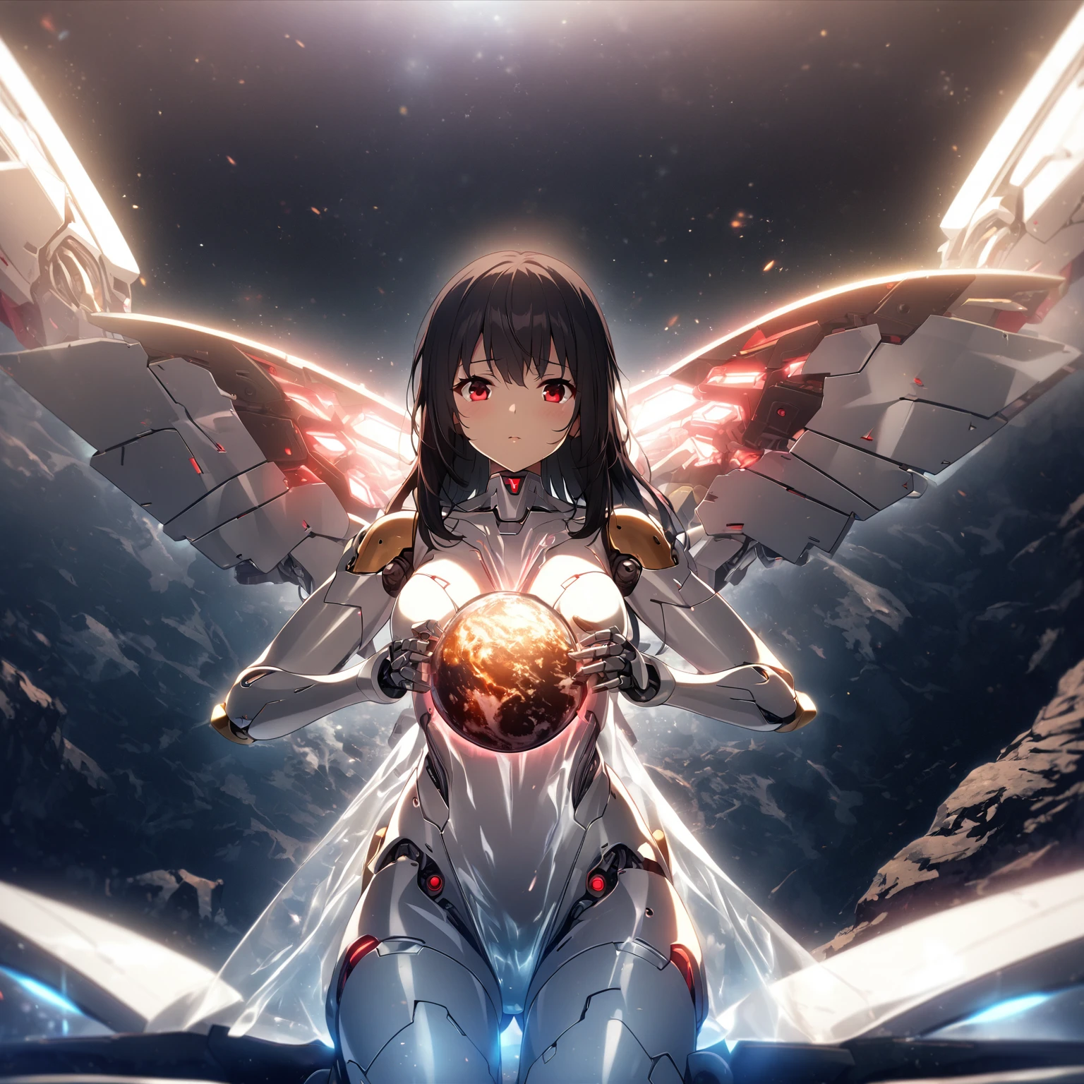1girl、Black hair, red eyes,Leotards, earth, clear vinyl dresses, wariza、mechanical wings,android, joints, robot joints、deep faint light 、 detailed CG、high resolution