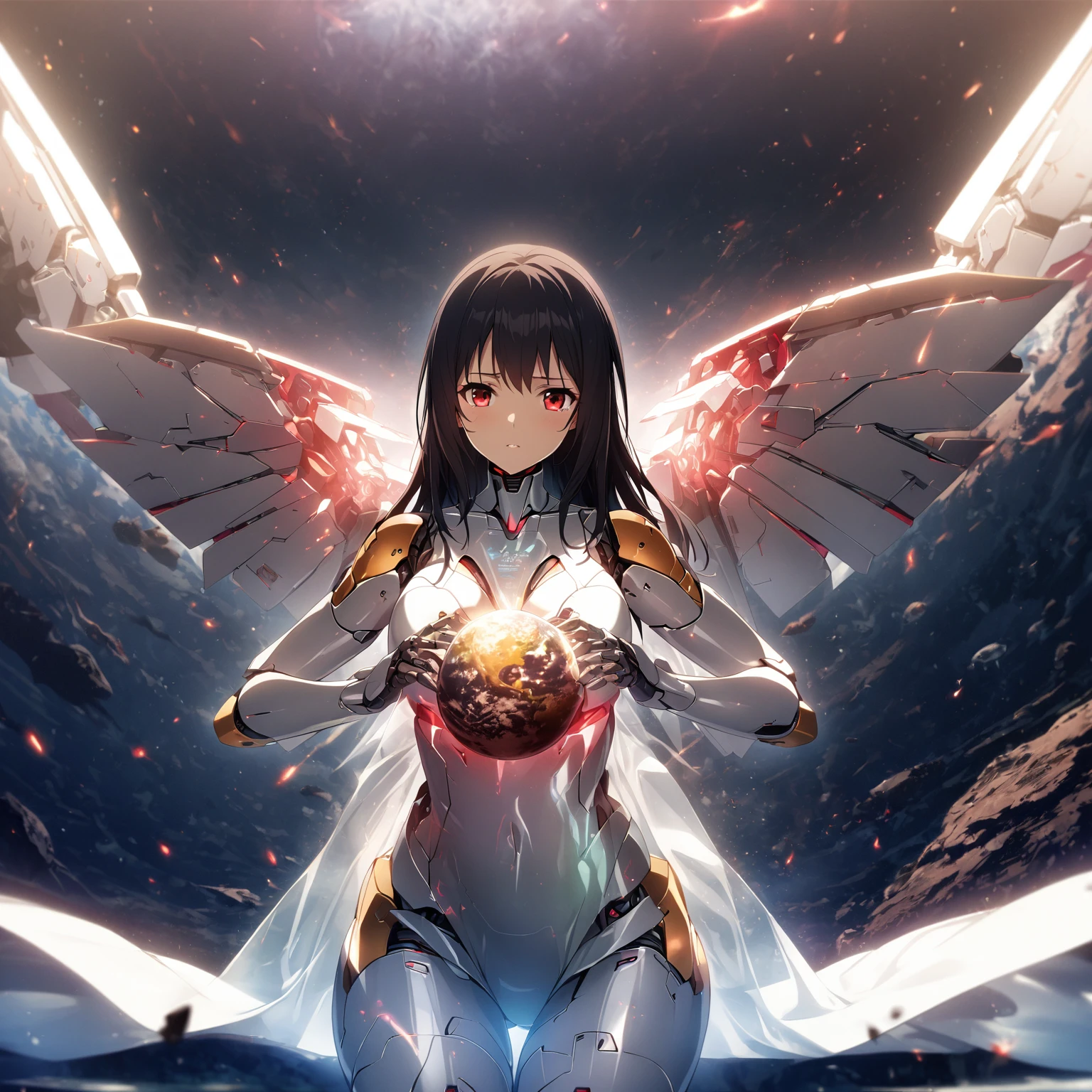 1girl、Black hair, red eyes,Leotards, earth, clear vinyl dresses, wariza、mechanical wings,android, joints, robot joints、deep faint light 、 detailed CG、high resolution