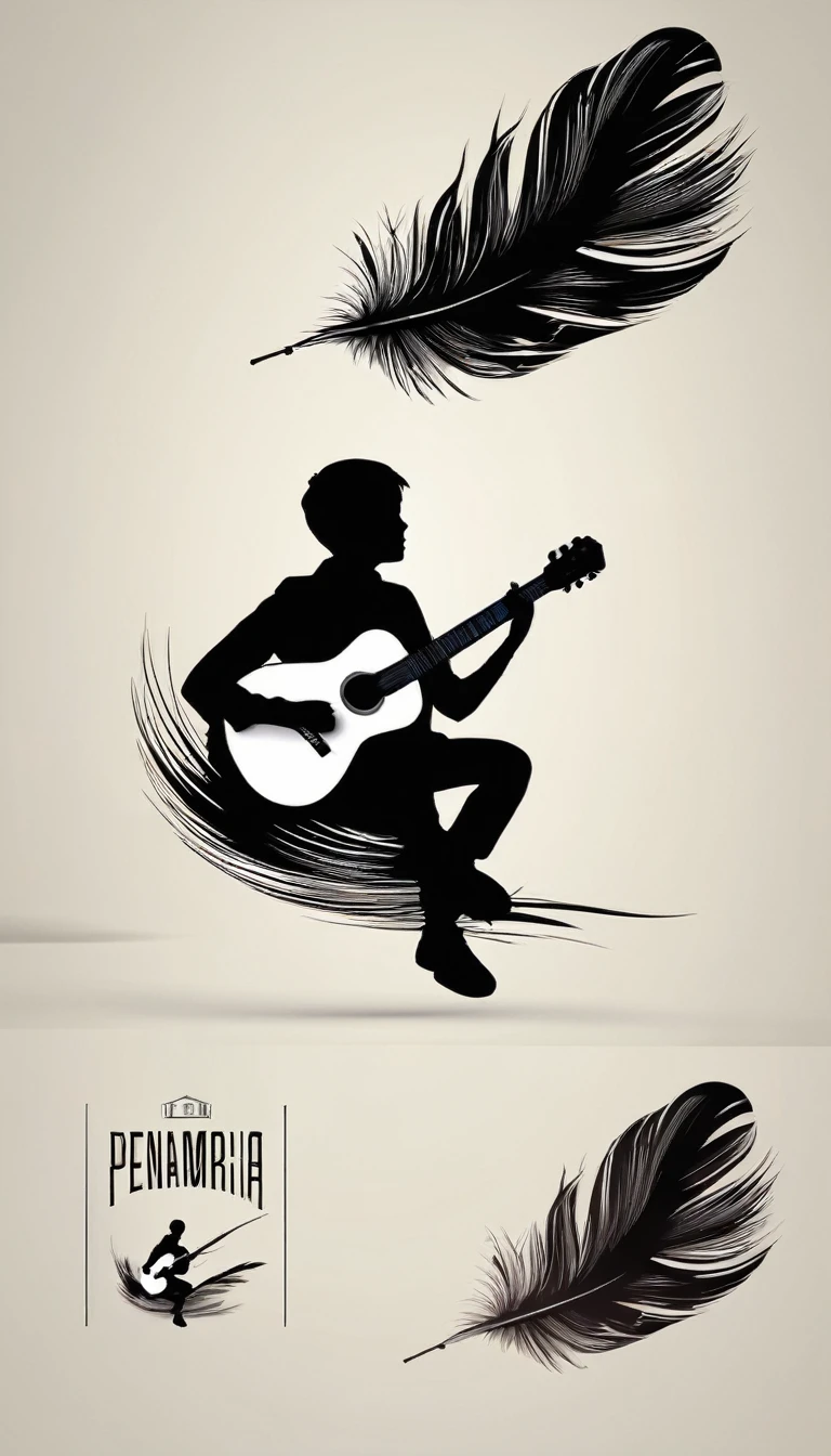 Create a minimal, modern, simple, inspirational, memorable, dream like logo design of a boy playing acoustic guitar and a feather for the brand “Penamemoria".