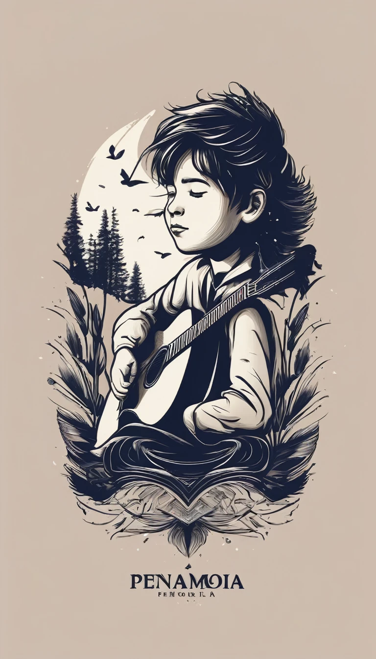 Create a minimal, modern, simple, inspirational, memorable, dream like logo design of a boy playing acoustic guitar and a feather for the brand “Penamemoria".