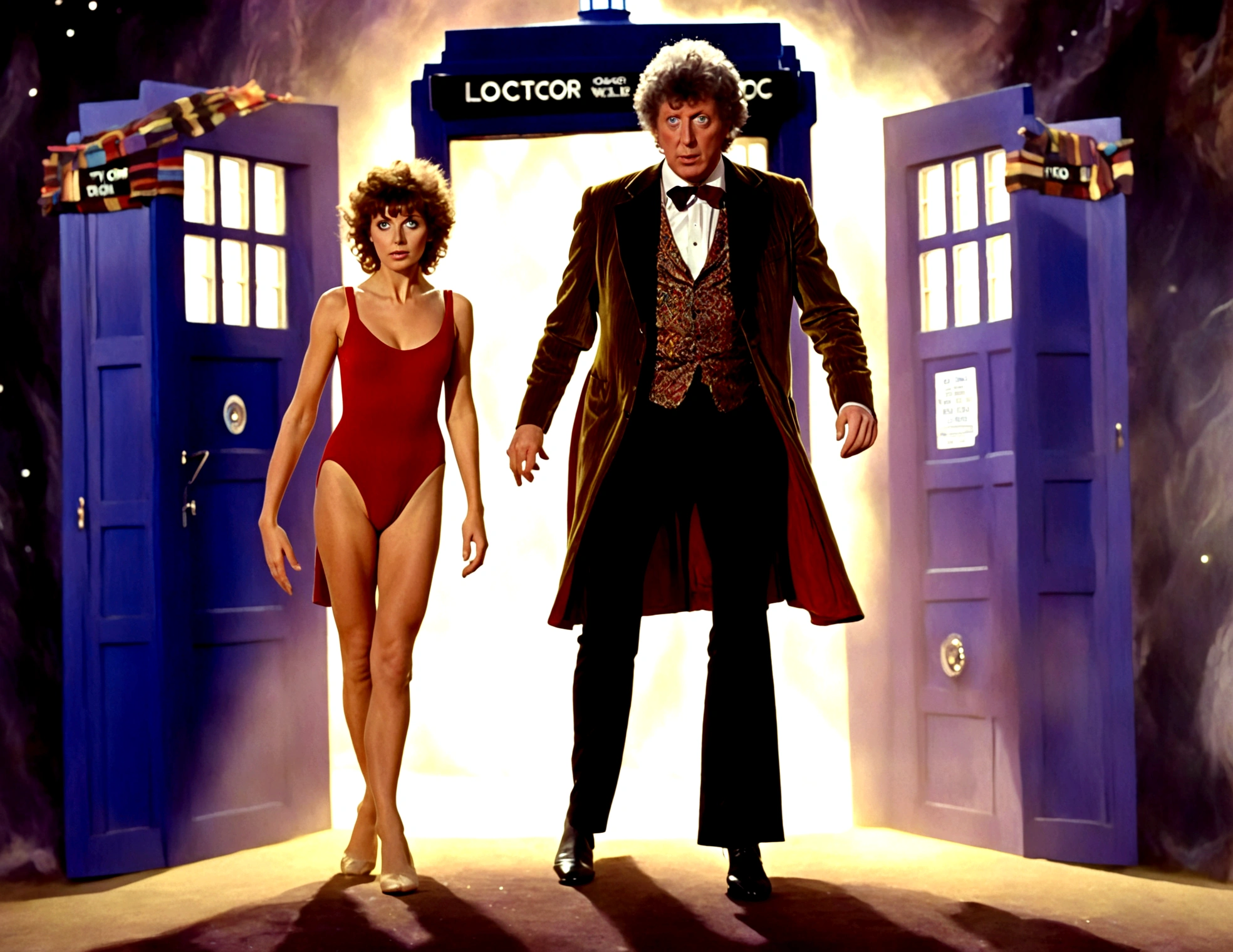 Tom Baker Doctor Who entering the Tardis,is companion (a swift woman, alien sexy leotard) close behind him
