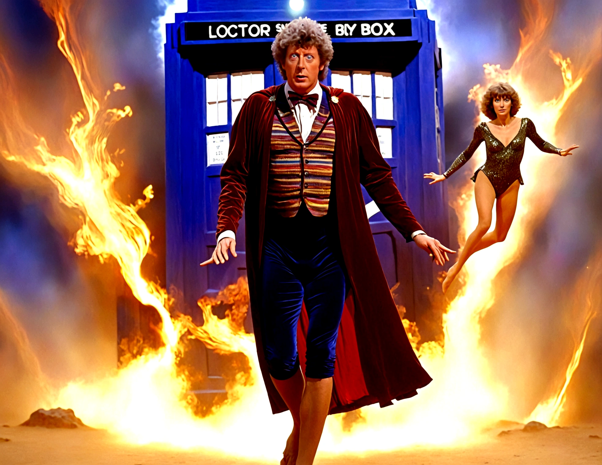 Tom Baker Doctor Who entering the Tardis,is companion (a swift woman, alien sexy leotard) close behind him
