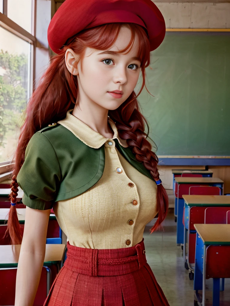 (best quality,4k,8k,highres,masterpiece:1.2),ultra-detailed,(realistic,photorealistic,photo-realistic:1.37), ((a girl in classroom, she wears skirt and beret, shy, braided red hair)), ((slim body, very large bust size for her young age))