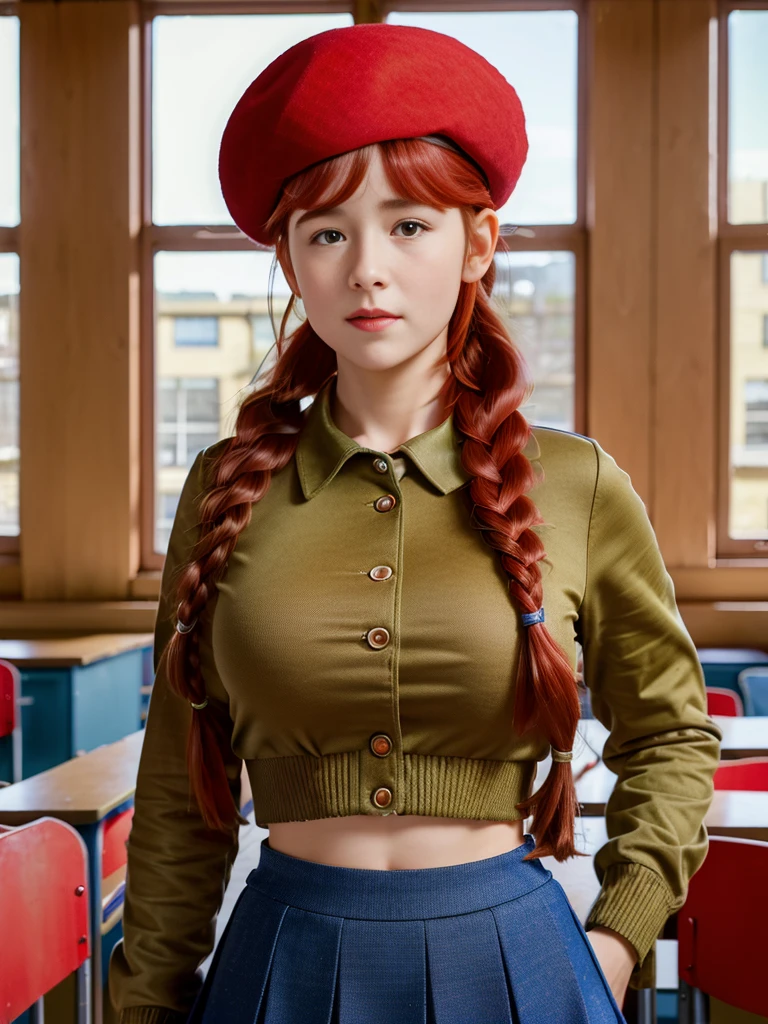 (best quality,4k,8k,highres,masterpiece:1.2),ultra-detailed,(realistic,photorealistic,photo-realistic:1.37), ((a girl in classroom, she wears skirt and beret, shy, braided red hair)), ((slim body, very large bust size for her young age))