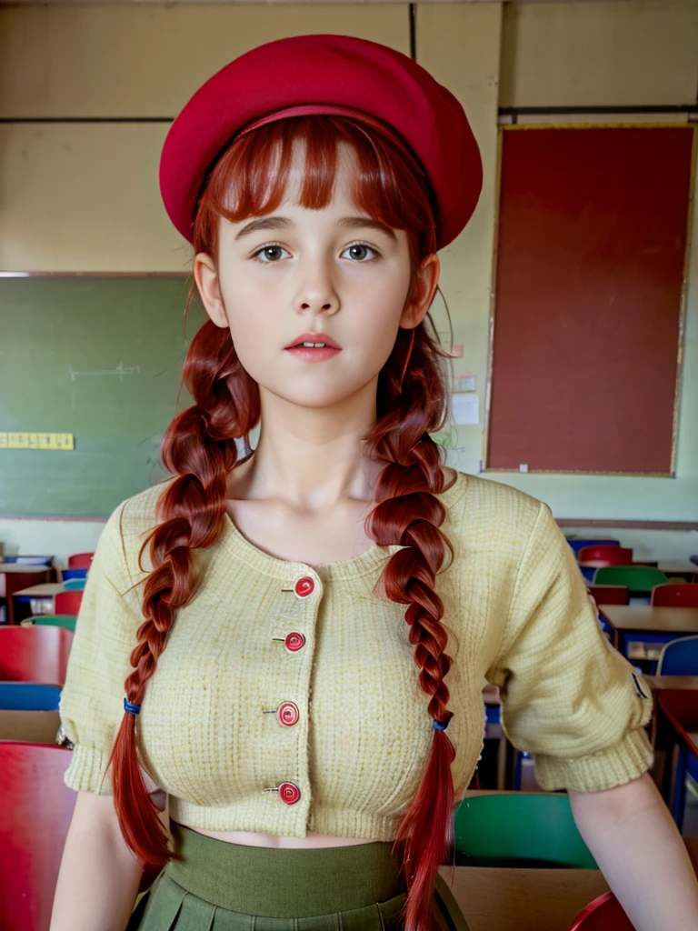 (best quality,4k,8k,highres,masterpiece:1.2),ultra-detailed,(realistic,photorealistic,photo-realistic:1.37), ((a girl in classroom, she wears skirt and beret, shy, braided red hair)), ((slim body, very large bust size for her young age))