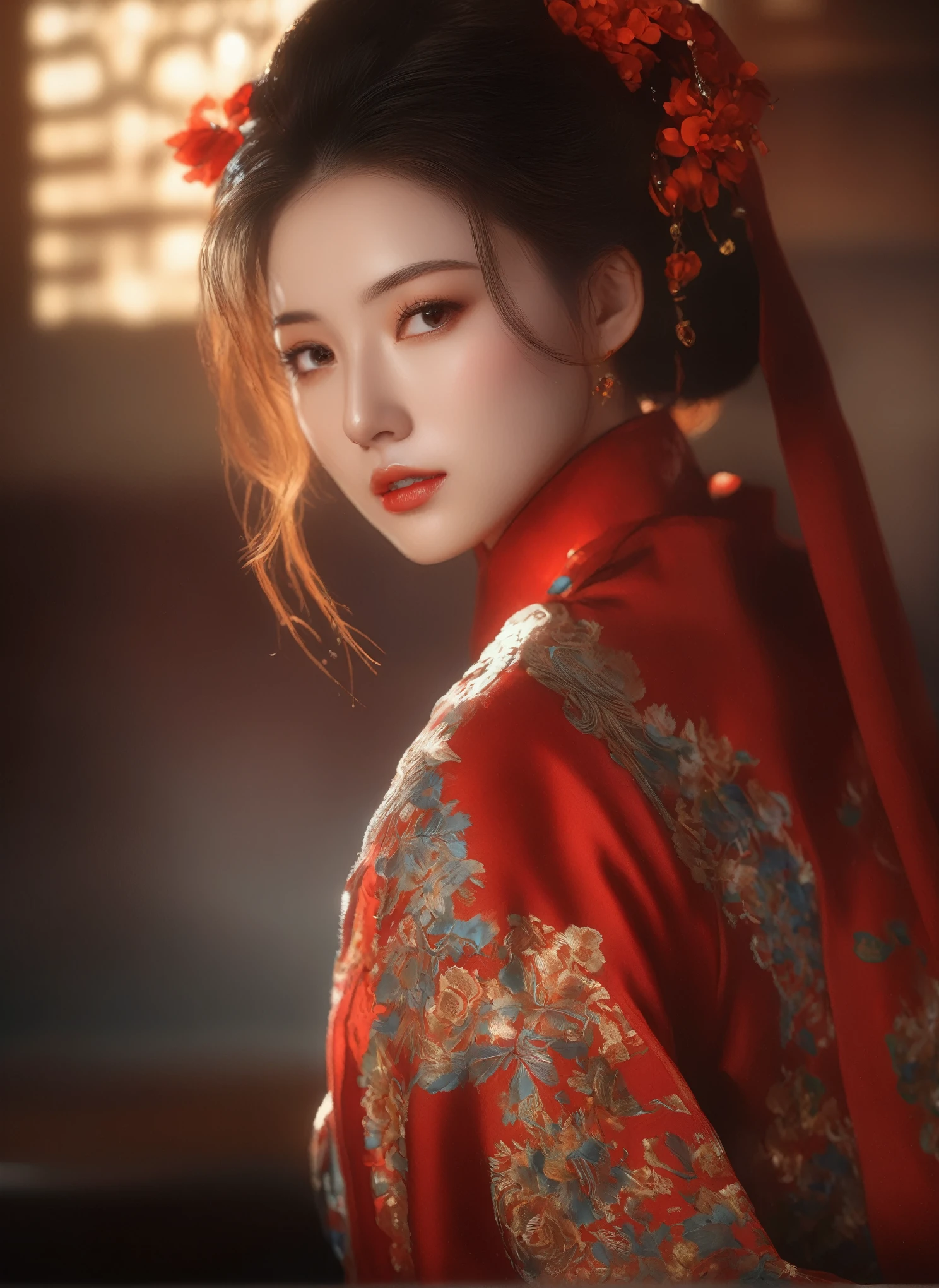 (masterpiece, best quality, Very detailed, The best shadow), (Detailed background), (Delicate face), High contrast, (Optimal lighting, Extremely refined), Colorful, Extremely detailed, Dramatic lighting, Beautiful background, Intricate details, (1 girl, Solitary, Colorful hair, Pointed face, Red Eyes, Hair between the eyes, Dynamic Angle, Red clothes), Looking at the audience, Blood,(Broken Gek Ring, in the room, whole body, Delicate eyes, beautiful eyes, 8K, 4K, best quality, masterpiece, beautiful eyes, realism