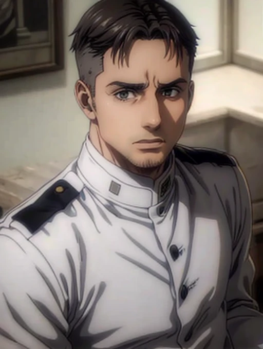 35 years old man, military hair, gray eyes, White military uniform, quartel general
