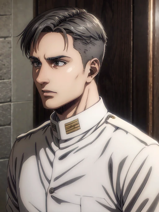35 years old man, military hair, gray eyes, White military uniform, quartel general